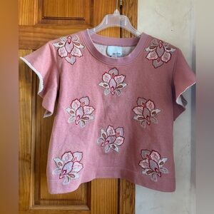 Anthropologie Chloe Oliver Embroidered Metallic Flutter Sleeve Sweatshirt S